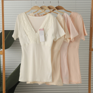 外貿(mào)女針織純棉帶內(nèi)襯胸墊花邊短袖 家居服睡衣上衣夏 T恤打底衫