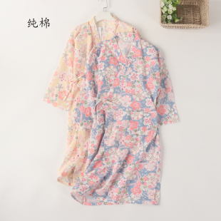日系女士純棉雙層紗布七分袖 和服浴袍袍子浴衣睡裙睡袍春夏中長款