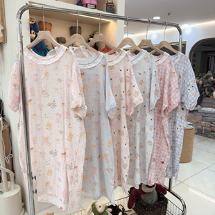 MISSJUJU短袖 休閑寬松可愛卡通甜美少女花邊純棉家居服 睡裙女夏季