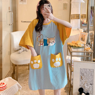 胖mm200斤卡通學生家居服可外穿孕婦睡衣 大碼 純棉睡裙女夏季 短袖