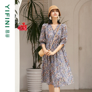 專柜同款 法式 Yifini 100支新疆長絨棉 V領文藝印花連衣裙 易菲