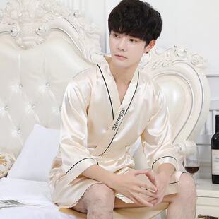 家居服絲綢夏季 男士 薄款 系繩一體式 簡約浴袍 輕奢冰絲睡袍中長款