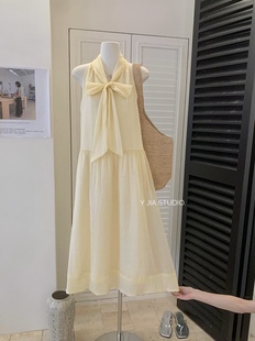 Y.JIA 復古甜美設計感前后兩穿高級感飄帶大擺連衣裙長裙 伊嘉法式