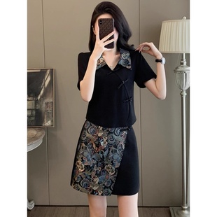 氣質短袖 外貿清倉撿漏新中式 女夏季 套裝 顯瘦短裙兩件套潮 國風時尚