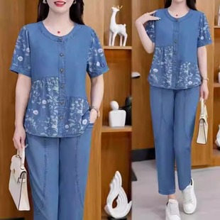 新款 正品 女2025夏季 天絲牛仔套裝 媽媽休閑兩件套 折扣清倉撿漏時(shí)尚