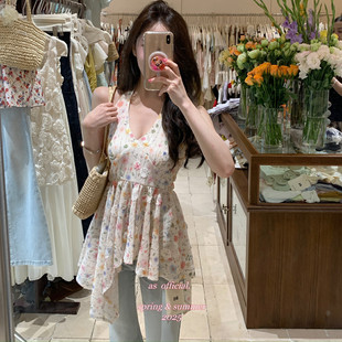 法式 心不規則溫柔顯瘦收腰氣質露背吊帶 甜美V領碎花掛脖系帶小衫