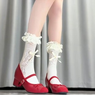 夏季 lolita蝴蝶結堆堆襪y2k短襪甜美百搭 蕾絲花邊中筒襪子女薄款
