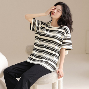 長褲 純棉睡衣女夏款 女短袖 家居服套裝 套頭圓領可外穿條紋全棉新款
