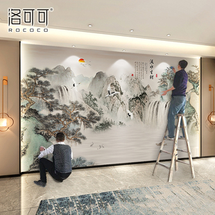 流水生財墻紙新中式 電視背景墻壁紙客廳沙發(fā)壁布大氣山水國畫墻布