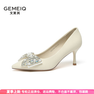 休閑百搭淺口細(xì)跟單鞋 戈美其春季 時尚 輕便韓版 水鉆蝴蝶結(jié)尖頭新款