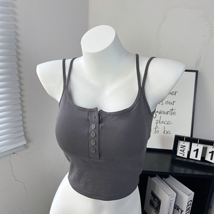 帶胸墊遮副乳細吊帶背心女內搭夏季 外穿美背甜辣小上衣 文胸一體式