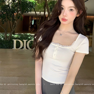 t恤女2025夏季 方領(lǐng)顯瘦短款 新款 修身 上衣 基礎(chǔ)款 甜辣風(fēng)蕾絲邊短袖