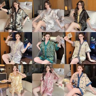 家居服套裝 女薄款 量大優惠 短褲 亞馬遜跨境熱銷冰絲睡衣夏短袖