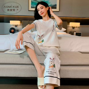 睡衣女純棉夏季 七分褲 薄款 短袖 兩件套 可愛卡通家居服韓版 2025新款