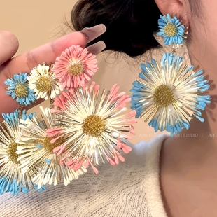 2025新款 海邊度假風藍色太陽花朵耳環女耳釘拍照耳飾品