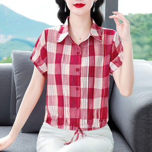 女士夏裝 襯衫 新款 氣質(zhì)短款 顯瘦洋氣媽0710u 時尚 小衫 減齡格子短袖