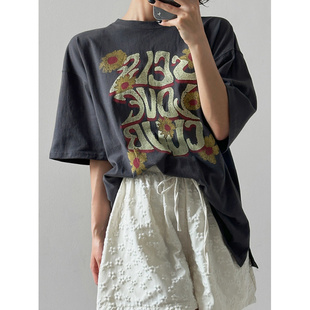 T恤字母印花寬松上衣 25夏girl高街復(fù)古短袖 鬼鬼家正品 韓代東大門