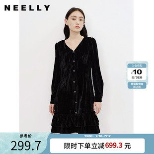 新款 A字裙春季 黑色連衣裙女氣質v領中長款 NEELLY納儷商場同款