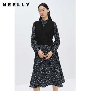 NEELLY納儷商場(chǎng)同款 A字裙V領(lǐng)馬甲兩件套 立領(lǐng)碎花連衣裙女中長(zhǎng)款