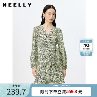 連衣裙女收腰系帶a字裙中長(zhǎng)款 V領(lǐng)泡泡袖 春季 NEELLY納儷商場(chǎng)同款