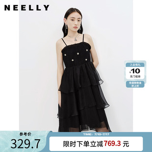A字蓬蓬裙 中長(zhǎng)款 NEELLY納儷商場(chǎng)同款 黑色吊帶連衣裙女春夏新款