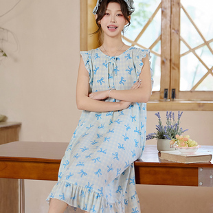 清新格子長裙 寬松家居服韓版 怡伴夏季 女士睡裙棉綢睡衣家居服無袖