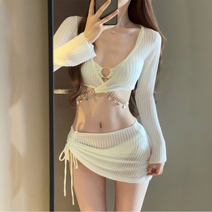 保守海邊溫泉 裙式 2025新款 泳衣女華夫格比基尼四件套分體時(shí)尚