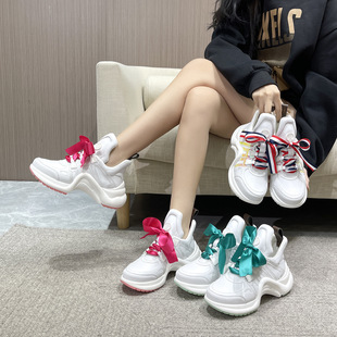 女5cm 軟底弓形網紅厚底增高休閑運動老爹鞋 牛皮版 2025夏顯瘦潮鞋