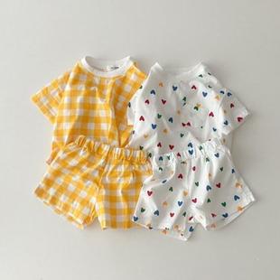 嬰幼兒純棉短袖 男女寶寶愛心格子T恤短褲 套裝 新款 兩件套 韓版 夏裝