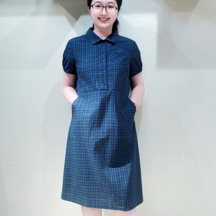 直筒A字裙5718 女翻領半開扣中長款 YUN韞格紋連衣裙女2025夏季 新款