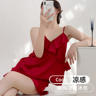 兩件套 帶胸墊性感仿真絲夏天家居服夏款 吊帶睡衣女士冰絲夏季 短褲