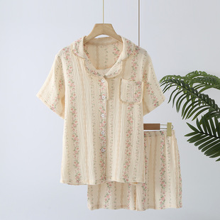 睡衣寬松廠家 家居服套裝 縐布全棉棉紗花邊領(lǐng)小清新女士短袖 短褲