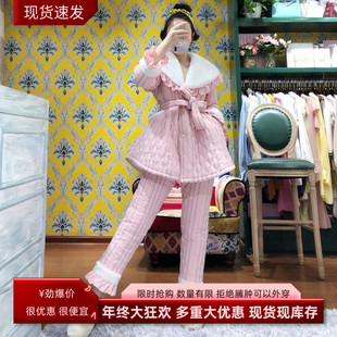 家居服 純棉三層夾棉睡衣女冬天格子豎條紋加絨時尚 pink grape韓版