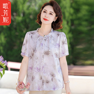 中老年媽媽夏裝 女裝 國(guó)風(fēng)上衣夏季 2025新款 t恤衫 雪紡小衫 短袖 中式