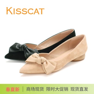 KISSCAT接吻貓2025新款 低跟尖頭羊絨面蝴蝶結通勤舒適淺口女單鞋