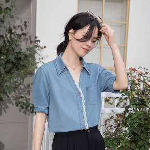 設計感蕾絲花邊短袖 2025新款 襯衣寬松百搭正肩上衣 女夏季 牛仔襯衫