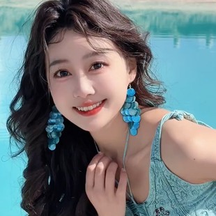 氛圍感藍色圓片貝殼流蘇耳鉤耳環女小眾設計夸張耳飾海邊度假風