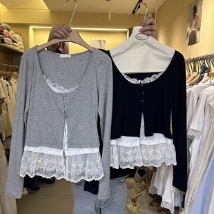 套頭蕾絲拼接修身 韓版 洋氣顯瘦打底ins 女春季 甜辣風假兩件T恤長袖