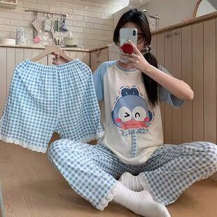 格子可愛花邊學生寬松家居服 休閑風睡衣女夏季 外穿小丑魚短袖 長褲