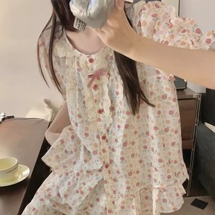 短褲 超火夏季 短袖 可愛寬松少女日系薄款 花邊網(wǎng)紅 碎花甜美睡衣女款