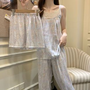 三件套裝 網紅超火云朵棉薄款 V領花邊休閑甜美長褲 吊帶睡衣女夏季