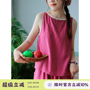 烏梅子醬·Fishhome原創棉麻格子花邊背心五分褲 家居服睡衣可外穿