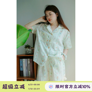 薄荷曼波兔·Fishhome原創純棉雙層紗花邊領短袖 家居服睡衣女 長褲