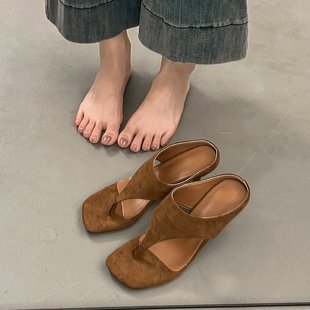 簡約氣質細跟夾趾人字拖鞋 外穿復古高跟鞋 方頭露趾涼鞋 新款 女夏季