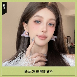DIGU溫柔海邊度假風紫色花朵耳環女甜美粉色網紗花瓣耳釘夏季 耳飾