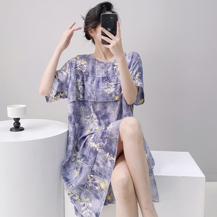 家居服簡約綿綢連衣裙 睡衣人造棉寬松大碼 棉綢睡裙女夏季 薄款
