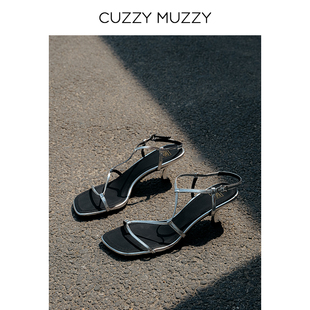 女夏季 CUZZYMUZZY胎牛皮一字帶細(xì)跟高跟鞋 小個(gè)子氣質(zhì)細(xì)帶露趾涼鞋