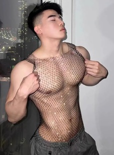 漁網(wǎng)閃鉆性感男士 背心T恤夜店蹦迪透視上衣燙鉆百搭鏤空網(wǎng)格男潮