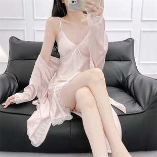 睡衣女夏季 性感冰絲綢蕾絲帶胸墊高級感吊帶睡裙睡袍兩件套春秋款