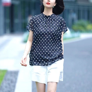 女2025夏季 新款 時尚 法式 小衫 雪紡襯衫 洋氣薄款 設計感上衣 波點短袖